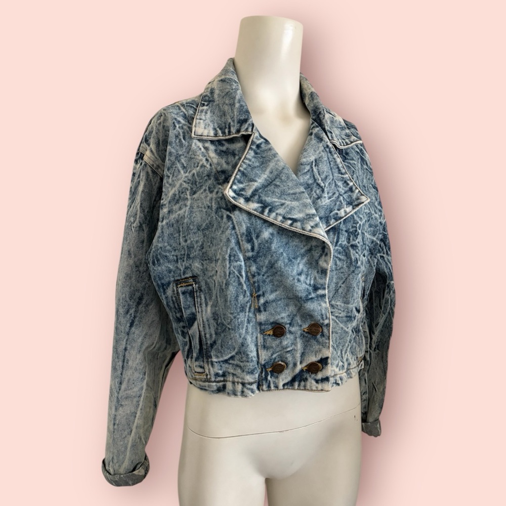 Vintage 80’s Chemin de Fer Cropped Acid Washed Denim Jacket Size L